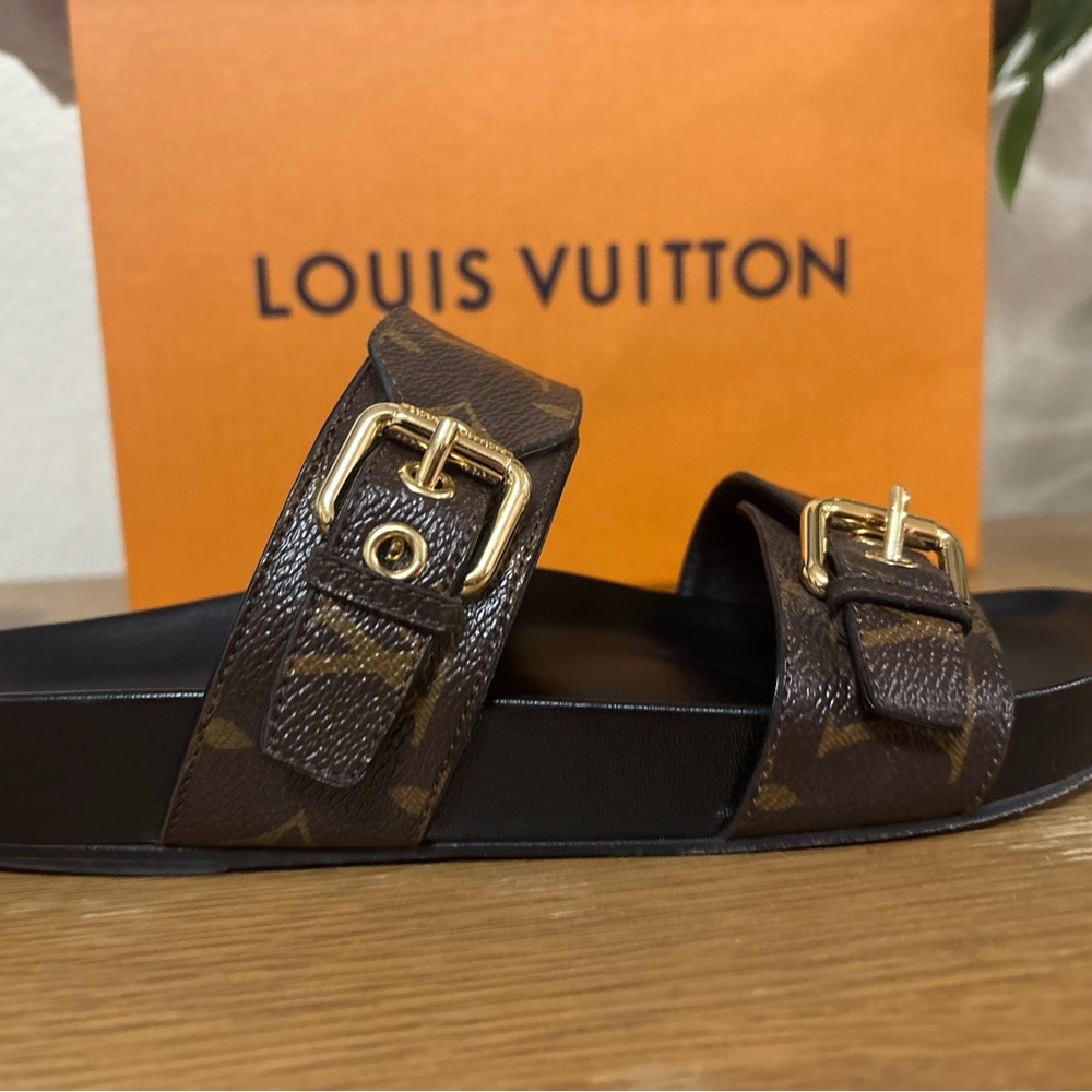 Original Louis Vuitton Bom Dia Flat Mule 1A3R5M Monogram Brown Sandals Size 38 - Picture 12 of 14
